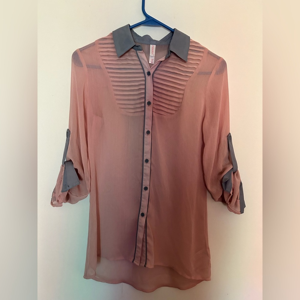 Sheer, pink and blue button up